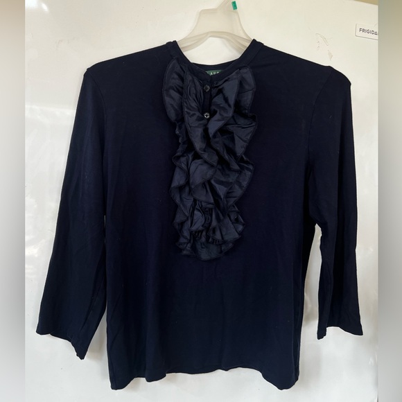 Navy 3/4 Sleeve Ruffle Blouse - Picture 2 of 6